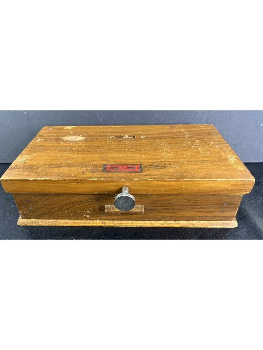 Antique Oak Wood Apothecary Box Locking Drawer 12x7x3 Wooden Metal Label Bombay